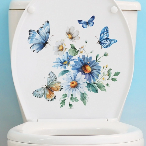 Adesivo per Gabinetto con Margherita e Farfalla Acquerello Impermeabile Autoadesivo Floreale per Bagno Casa