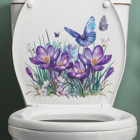 Adesivo per Gabinetto con Fiori di Zafferano Viola e Farfalle in PVC Impermeabile Decalcomania da Parete Bagno Decorazione Casa