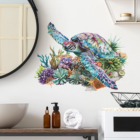 Pegatina de Pared de Tortuga Marina Acuarela Colorida Océano Coral Estrella de Mar PVC Para Baño Sala de Estar Decoración