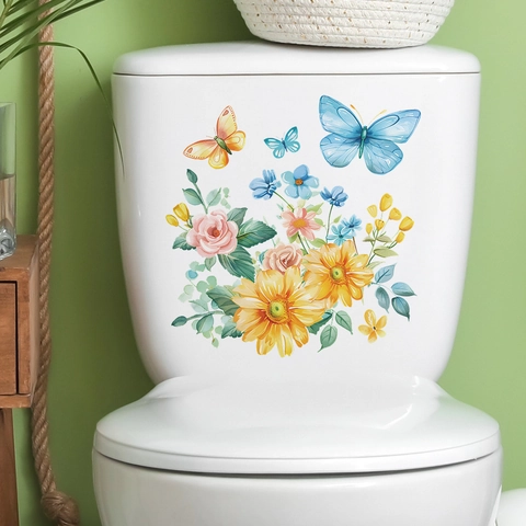 Zonnebloem Vlinder Toiletsticker Aquarel Bloem Badkamer Sticker Waterdicht PVC Huisverfraaiing Wanddecoratie