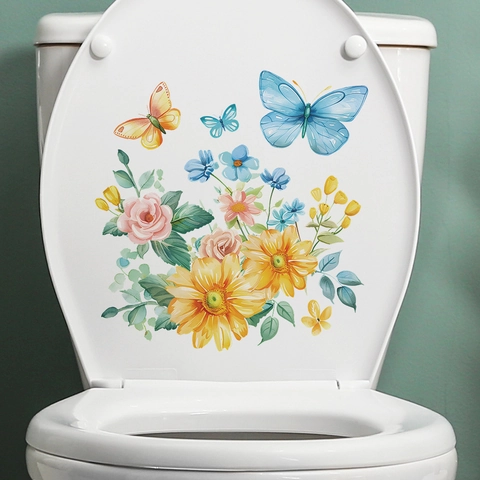 Zonnebloem Vlinder Toiletsticker Aquarel Bloem Badkamer Sticker Waterdicht PVC Huisverfraaiing Wanddecoratie