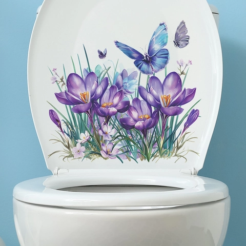 Adesivo per Gabinetto con Fiori di Zafferano Viola e Farfalle in PVC Impermeabile Decalcomania da Parete Bagno Decorazione Casa