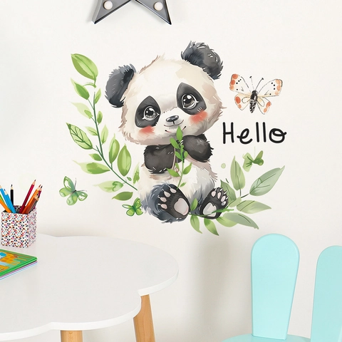 Watercolor Cartoon Panda Bamboo Wall Sticker Cute Animal Butterfly PVC Decal For Kids Bedroom Nursery Home Decoration