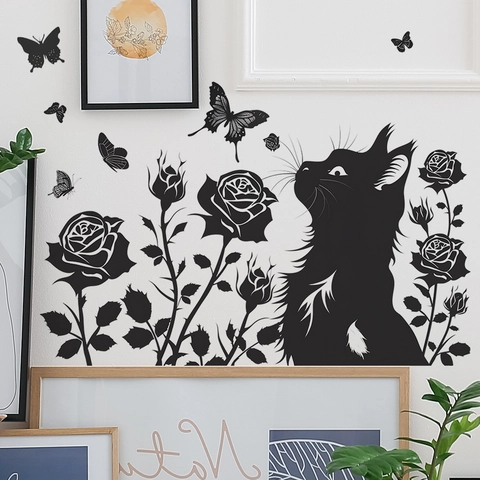 Moderno Adesivo Murale Silhouette Gatto Nero Rosa Fiore Farfalla PVC Autoadesivo Decalcomania per Soggiorno Camera da Letto