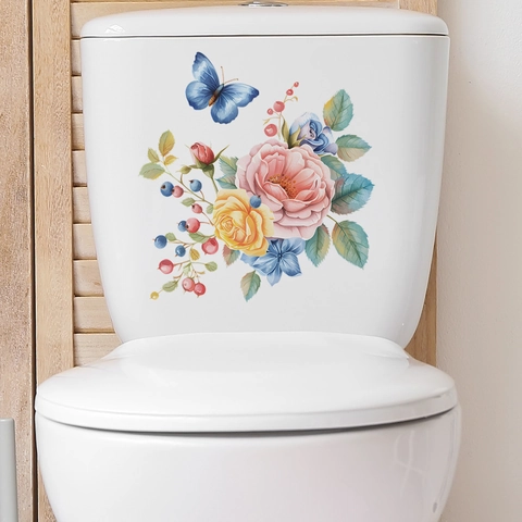 Adhesivo para Inodoro de Flores en Acuarela Rosa Mariposa PVC Impermeable Tapa de Baño Mural Para Decoración Hogar MG-M009