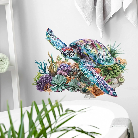 Pegatina de Pared de Tortuga Marina Acuarela Colorida Océano Coral Estrella de Mar PVC Para Baño Sala de Estar Decoración