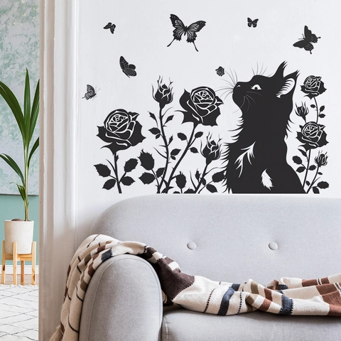 Moderno Adesivo Murale Silhouette Gatto Nero Rosa Fiore Farfalla PVC Autoadesivo Decalcomania per Soggiorno Camera da Letto