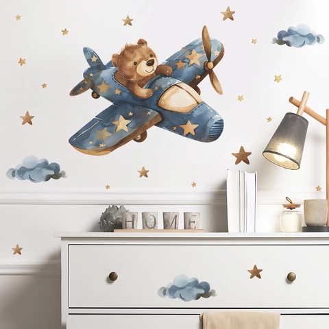 Cartoon Teddybär Fliegt Flugzeug Wandaufkleber Mit Sternen Und Wolken PVC Abnehmbare Wandbild Für Kinderzimmer Haus Dekor