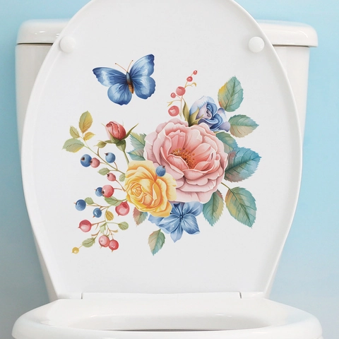 Adhesivo para Inodoro de Flores en Acuarela Rosa Mariposa PVC Impermeable Tapa de Baño Mural Para Decoración Hogar MG-M009