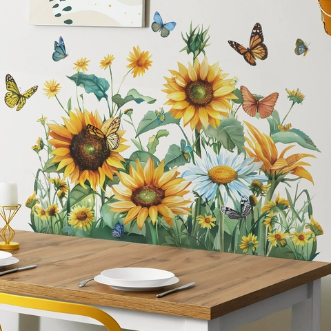 Aquarell Sonnenblume Schmetterling Wandaufkleber Wasserdicht Floral Gänseblümchen PVC Wandtattoos Für Kinderzimmer Wohnzimmer Deko