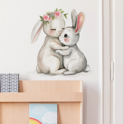 Cartoon Hugging Rabbits PVC Wall Sticker Removable Watercolor Animal Pattern Wall Decal For Kids Nursery Home Decoration