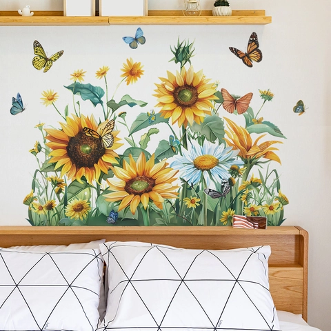 Aquarell Sonnenblume Schmetterling Wandaufkleber Wasserdicht Floral Gänseblümchen PVC Wandtattoos Für Kinderzimmer Wohnzimmer Deko