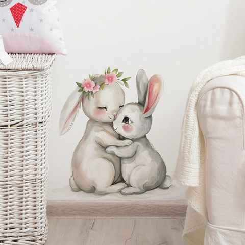 Cartoon Hugging Rabbits PVC Wall Sticker Removable Watercolor Animal Pattern Wall Decal For Kids Nursery Home Decoration