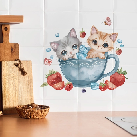 Cartoon Cat In Teacup With Strawberries PVC Wall Sticker Waterproof DIY Decor For Kitchen Dining Room Home Wall Decal