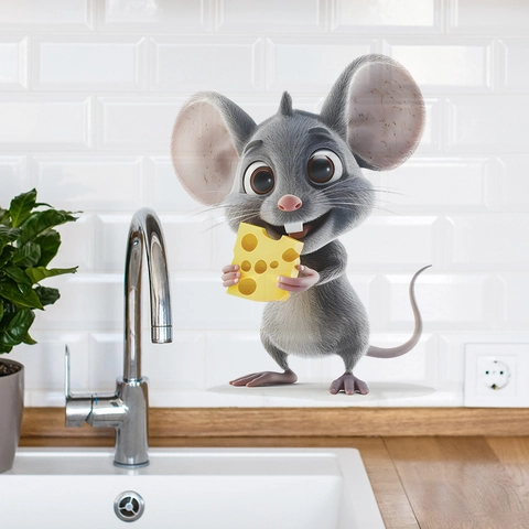 3D Cartoon Mouse Eating Cheese Wall Sticker Removable PVC Decorative Decal For Kitchen Dining Room Living Room Home Decor