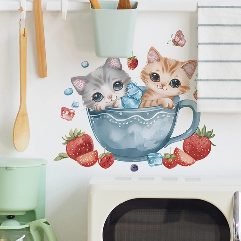 Cartoon Cat In Teacup With Strawberries PVC Wall Sticker Waterproof DIY Decor For Kitchen Dining Room Home Wall Decal
