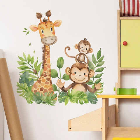 Pegatinas de Pared Selva Jirafa Mono Acuarela Animales Hojas Tropicales PVC Calcomanías para Cuarto Niños