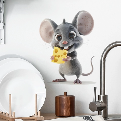 3D Cartoon Mouse Eating Cheese Wall Sticker Removable PVC Decorative Decal For Kitchen Dining Room Living Room Home Decor