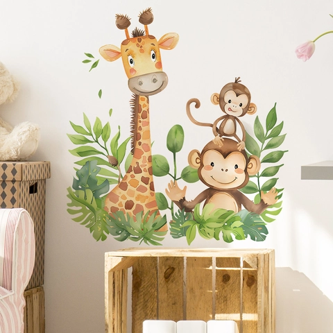 Pegatinas de Pared Selva Jirafa Mono Acuarela Animales Hojas Tropicales PVC Calcomanías para Cuarto Niños