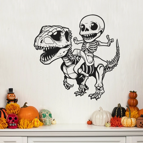 Cartoon Skeleton Riding Dinosaur Skeleton Wall Sticker PVC Halloween Decoration For Living Room Bedroom Home Decal