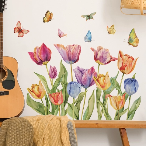 Aquarell Tulpe Schmetterling Wandaufkleber PVC Selbstklebend Floral Decals Für Schlafzimmer Wohnzimmer Modern Home Decor