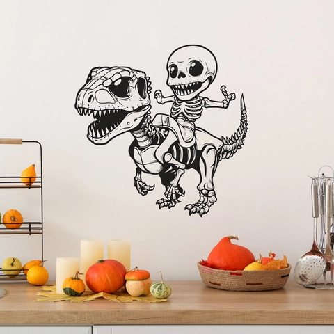 Cartoon Skeleton Riding Dinosaur Skeleton Wall Sticker PVC Halloween Decoration For Living Room Bedroom Home Decal