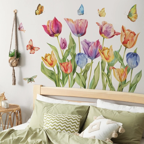 Aquarell Tulpe Schmetterling Wandaufkleber PVC Selbstklebend Floral Decals Für Schlafzimmer Wohnzimmer Modern Home Decor