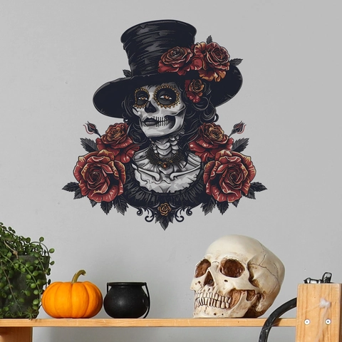 Halloween Tag Der Toten Skelett Prinzessin Rose Wandtattoo PVC Selbstklebend Gothic Catrina Blumen Deko Für Wohnzimmer