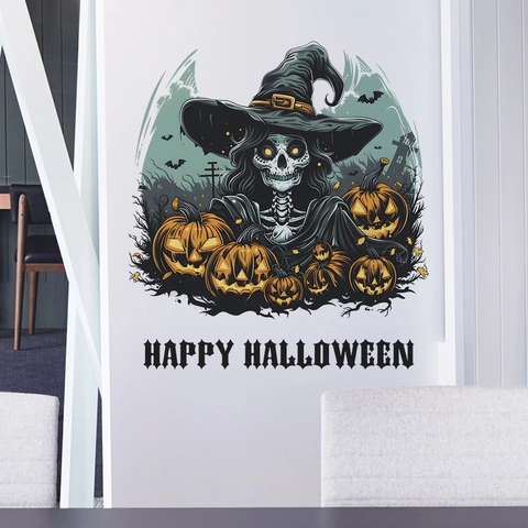 Adesivo da Parete Halloween Strega Scheletro Zucca PVC Autoadesivo per Camera da Letto Soggiorno Decorazione Festa Happy Halloween
