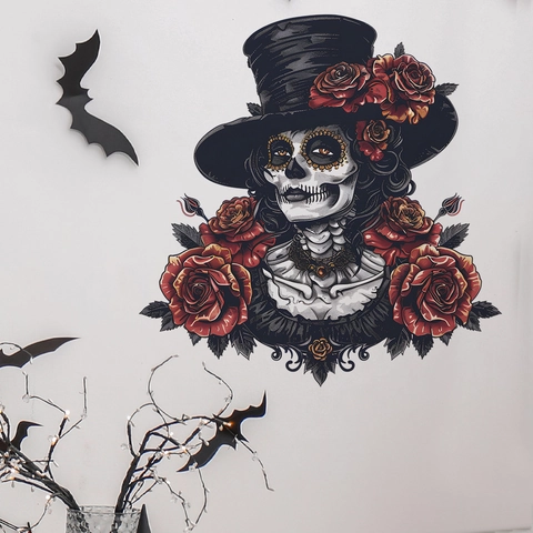 Halloween Tag Der Toten Skelett Prinzessin Rose Wandtattoo PVC Selbstklebend Gothic Catrina Blumen Deko Für Wohnzimmer