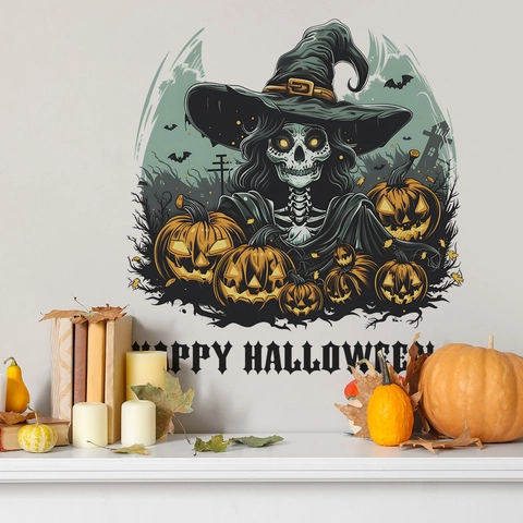 Adesivo da Parete Halloween Strega Scheletro Zucca PVC Autoadesivo per Camera da Letto Soggiorno Decorazione Festa Happy Halloween