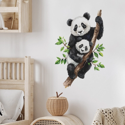 Watercolor Panda Mom And Baby Wall Sticker PVC Removable Animal Tree Branch Decal For Nursery Kids Room Home Decor DIY