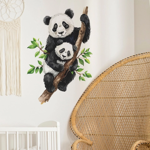 Watercolor Panda Mom And Baby Wall Sticker PVC Removable Animal Tree Branch Decal For Nursery Kids Room Home Decor DIY