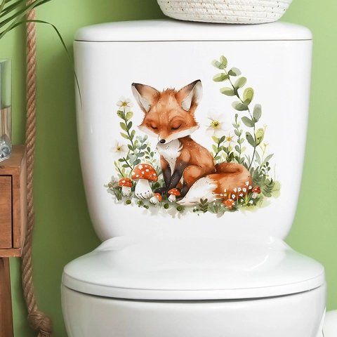 Watercolor Fox Mushroom Floral Toilet Sticker Removable PVC Bathroom Wall Decal For Toilet Lid Lid Decoration Home Art
