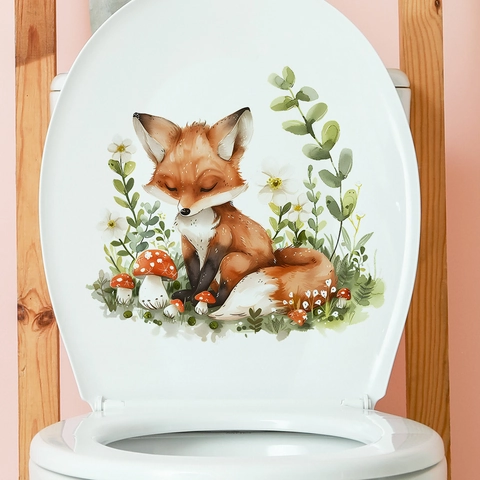 Watercolor Fox Mushroom Floral Toilet Sticker Removable PVC Bathroom Wall Decal For Toilet Lid Lid Decoration Home Art