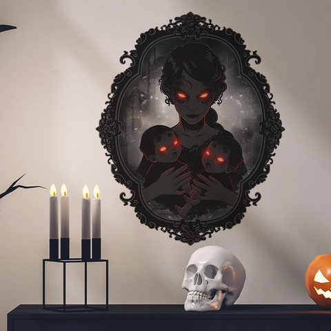 Halloween Gothic Ghost Mother And Babies Wall Sticker PVC Horror Carved Frame Removable Decal For Party Home Background Decor