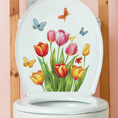 Adesivo per Coperchio Gabinetto Acquerello Tulipano Farfalla Impermeabile PVC Decorazione Bagno Decalcomania Muro Floreale