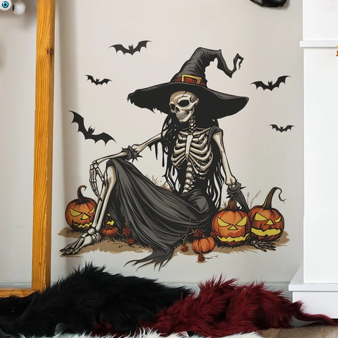 Adesivo da Parete Scheletro della Strega di Halloween Con Zucca e Pipistrello Decalcomania in PVC Removibile per la Casa