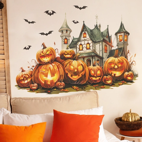 Pegatinas de Pared de Halloween Castillo de Calabazas PVC Removibles Autoadhesivas Góticas Decoración Mural para Sala Dormitorio