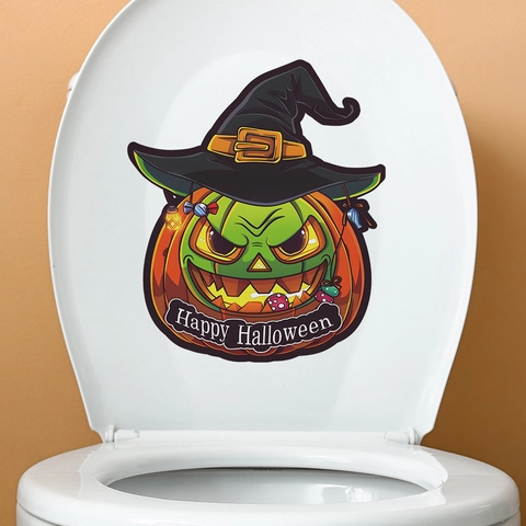 Adesivo per Gabinetto Halloween Zucca Cappello da Strega Impermeabile PVC Decalcomania Parete Bagno Decorazione Casa