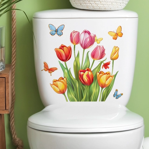 Adesivo per Coperchio Gabinetto Acquerello Tulipano Farfalla Impermeabile PVC Decorazione Bagno Decalcomania Muro Floreale