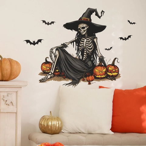 Adesivo da Parete Scheletro della Strega di Halloween Con Zucca e Pipistrello Decalcomania in PVC Removibile per la Casa