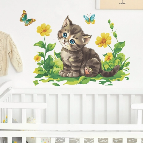Cute Cartoon Cat Playing In Garden Wall Sticker PVC Removable DIY Floral Butterfly Decal For Kids Nursery Room Bedroom Decor