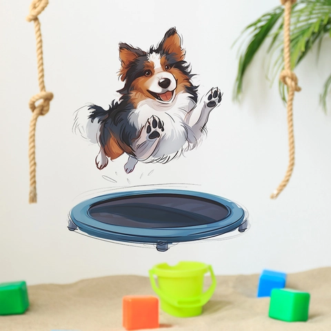 Adesivo da Parete Cane dei Cartoni Animati che Salta sul Trampolino Murale Decorativo in PVC Rimovibile per Camera dei Bambini Soggiorno Camera da Letto