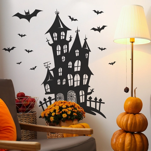 Halloween Schloss Fledermaus Silhouette Wandtattoo PVC Abnehmbar Gruseliges Schloss Fledermaus Aufkleber Für Schlafzimmer Wohnzimmer Party Deko