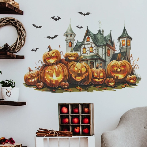 Pegatinas de Pared de Halloween Castillo de Calabazas PVC Removibles Autoadhesivas Góticas Decoración Mural para Sala Dormitorio