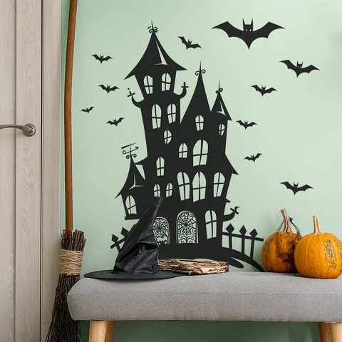 Halloween Schloss Fledermaus Silhouette Wandtattoo PVC Abnehmbar Gruseliges Schloss Fledermaus Aufkleber Für Schlafzimmer Wohnzimmer Party Deko