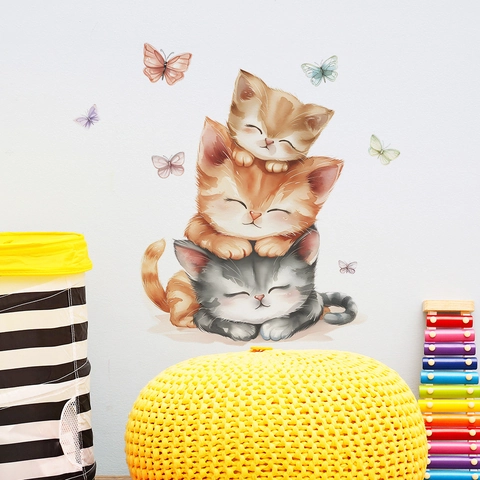 Cartoon Stacking Cats And Butterflies Wall Sticker Watercolor Animal PVC Decal For Kids Room Living Room Decor