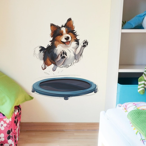 Adesivo da Parete Cane dei Cartoni Animati che Salta sul Trampolino Murale Decorativo in PVC Rimovibile per Camera dei Bambini Soggiorno Camera da Letto