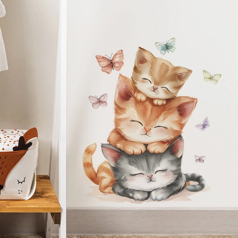 Cartoon Stacking Cats And Butterflies Wall Sticker Watercolor Animal PVC Decal For Kids Room Living Room Decor